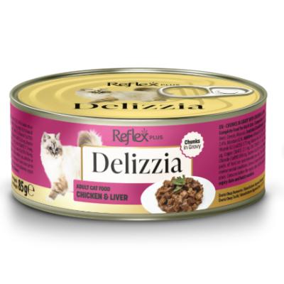 REFLEX DELİZZİA PARÇA ETLİ TAVUKLU VE CİĞERLİ KEDİ KONSERVE 85 GR.